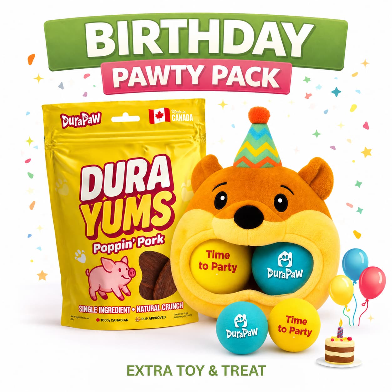 DuraPaw Birthday Pawty Pack featuring a yellow bag of DuraYums Poppin' Pork treats, a plush orange bear toy with a party hat holding three colorful balls labeled 'Time to Party', balloons, and a small birthday cake on a white background with confetti and a green BIRTHDAY PAWY PACK banner.