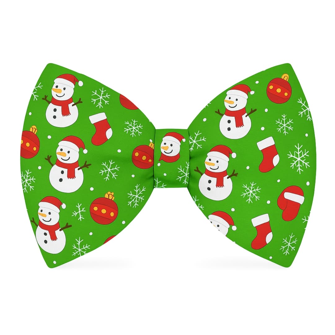 Christmas-themed bow tie with snowmen, stockings, and ornaments on a green background