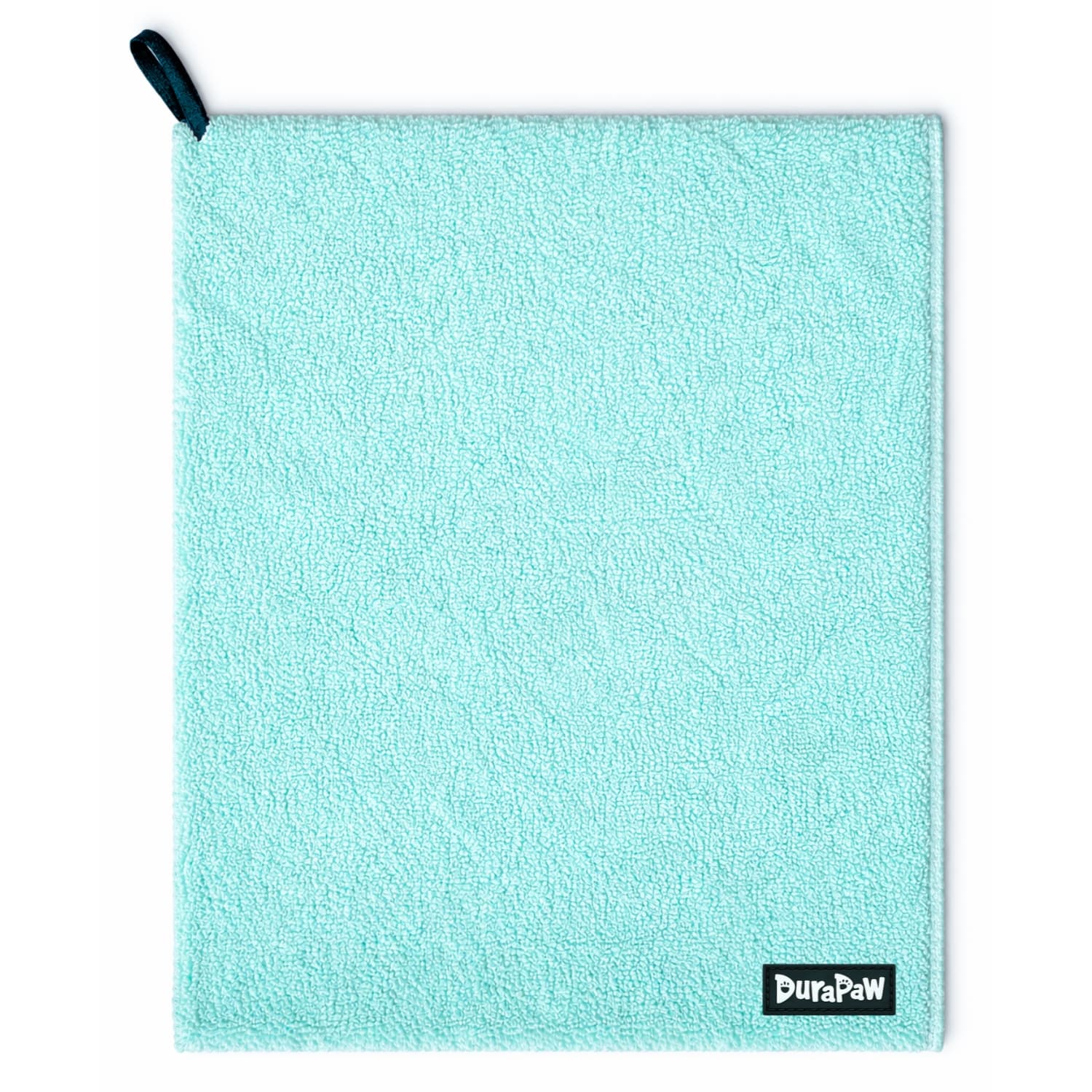Turquoise microfiber dog cleaning towel with a black tag on a white background