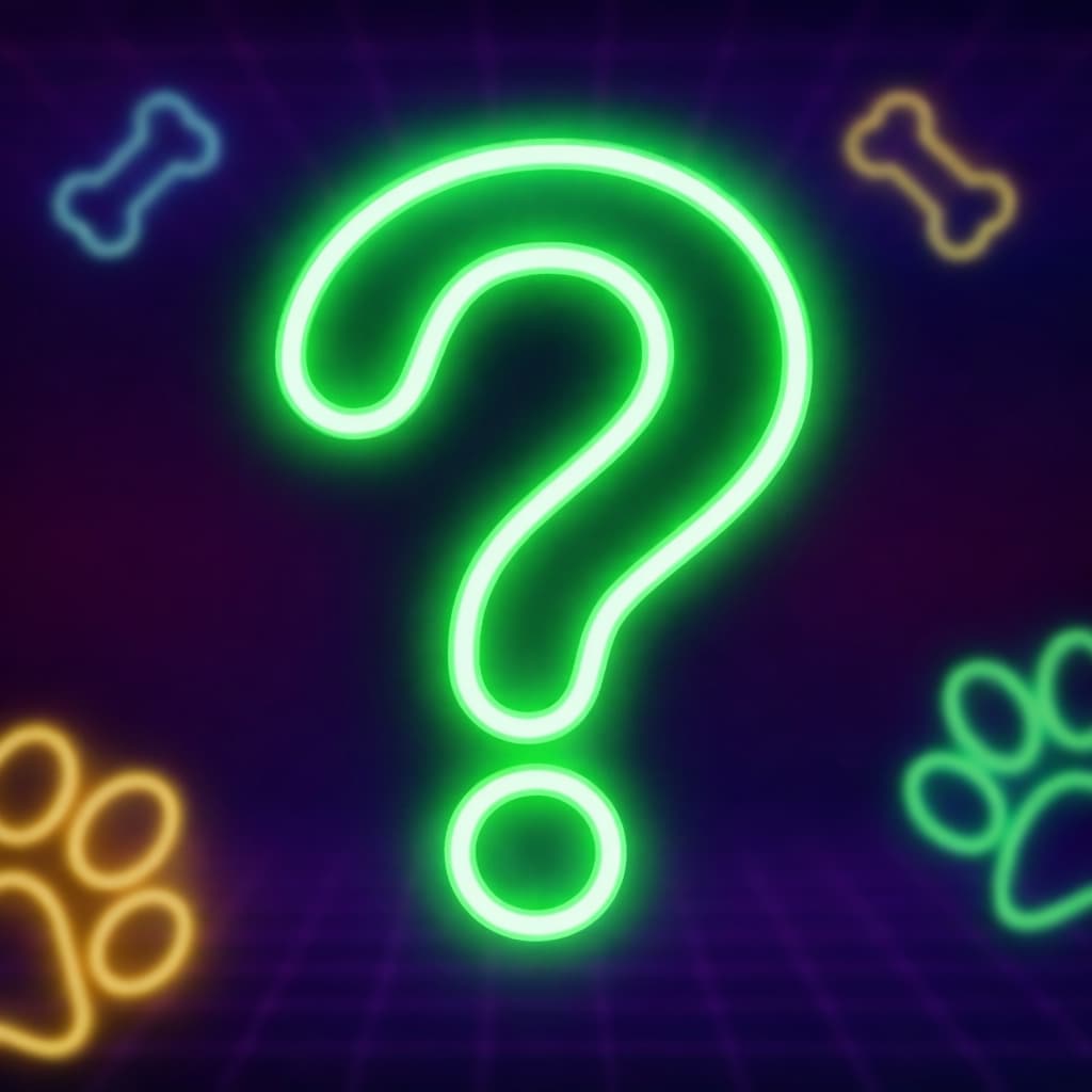DuraPaw neon green question mark with bone, paw, and grid pattern on a dark background