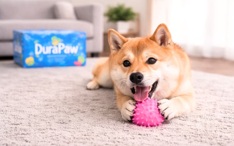 Dog playing with a pink ball on a carpeted floor, with DuraPaw box packaging in the background.