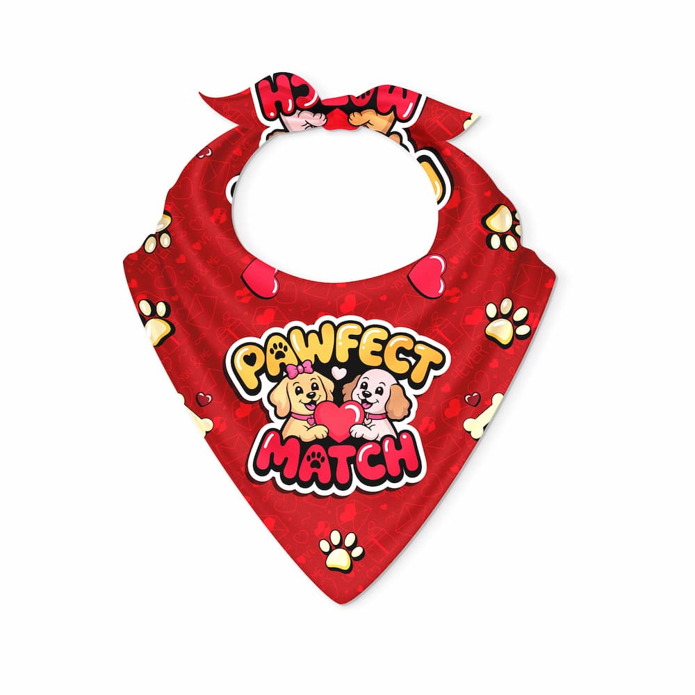 Red DuraPaw love themed bandana with cartoon dogs and Pawfect Match text on a white background