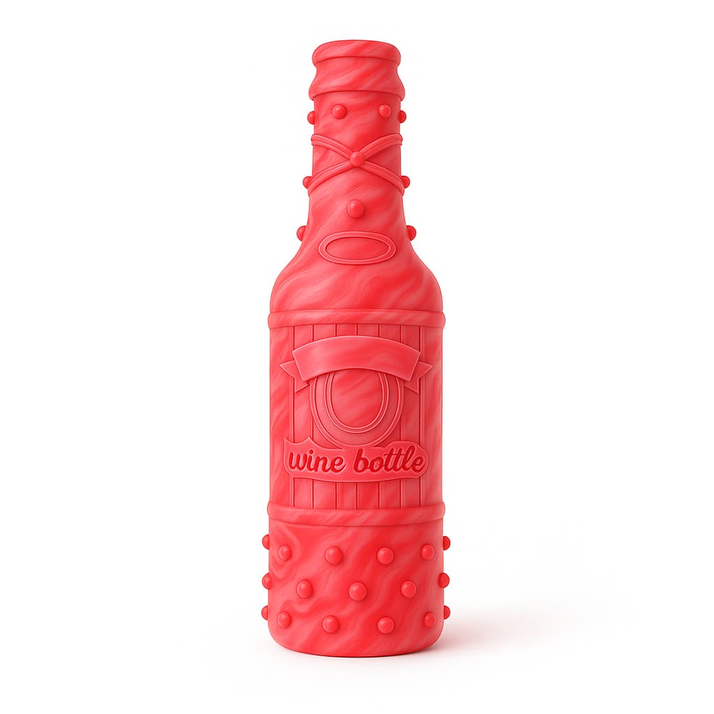 DuraPaw Red swirly wine bottle-shaped dog squeaky toy on a white background