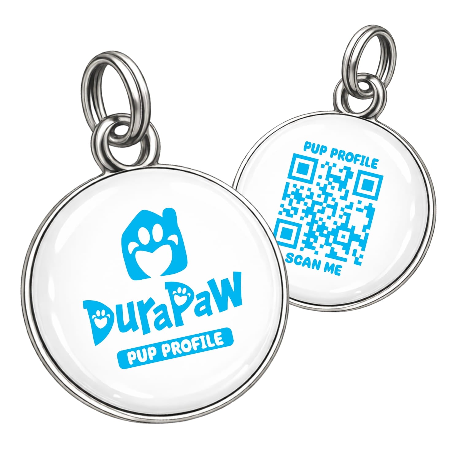 Two round pet tags with DuraPaw branding and QR code on a white background