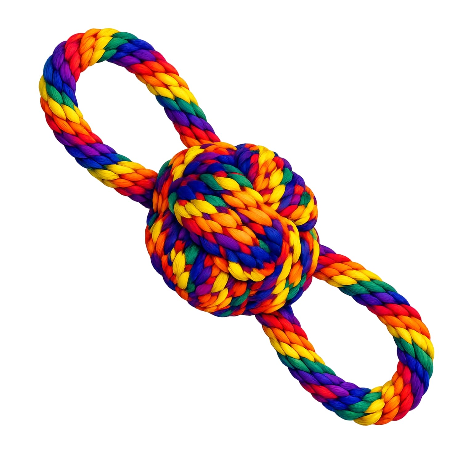 Colorful double knot DuraPaw rope knot dog toy on a white background