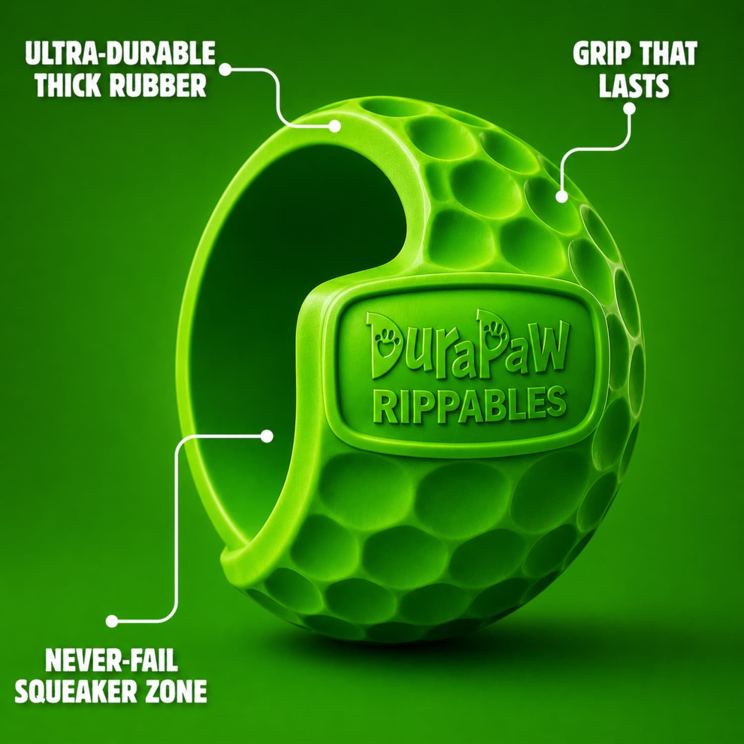 Green DuraPaw Rippables RipShield Core dog toy with feature on a green background