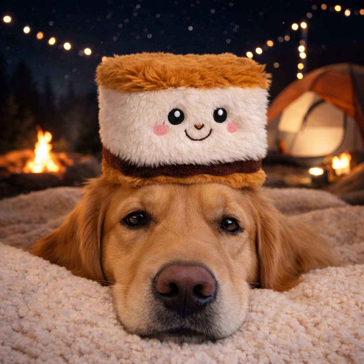 A golden retriever lying on a soft blanket at night, wearing a plush marshmallow s'mores dog toy as a hat. The background features a warm campfire, a glowing tent, and string lights in the distance.