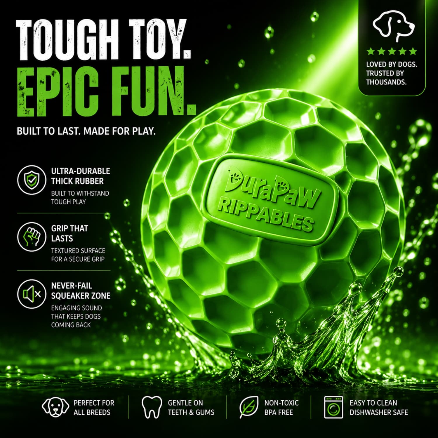 DuraPaw RipShield green glow-in-the-dark rubber dog toy ball with a tough durable core for power chewers and interactive enrichment play