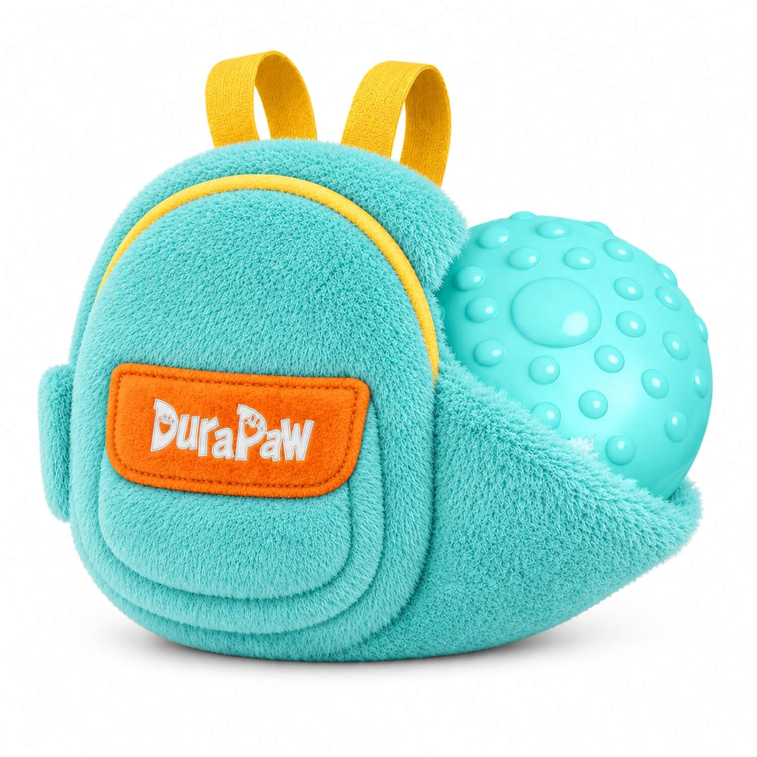 DuraPaw fluffy blue Rippable tear apart 2 in 1 backpack school themed pet dog toy on white background