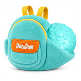 DuraPaw fluffy blue Rippable tear apart 2 in 1 backpack school themed pet dog toy on white background