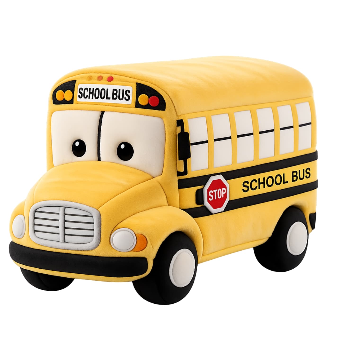 DuraPaw plush dog toy yellow school bus with a cartoon face on a white background