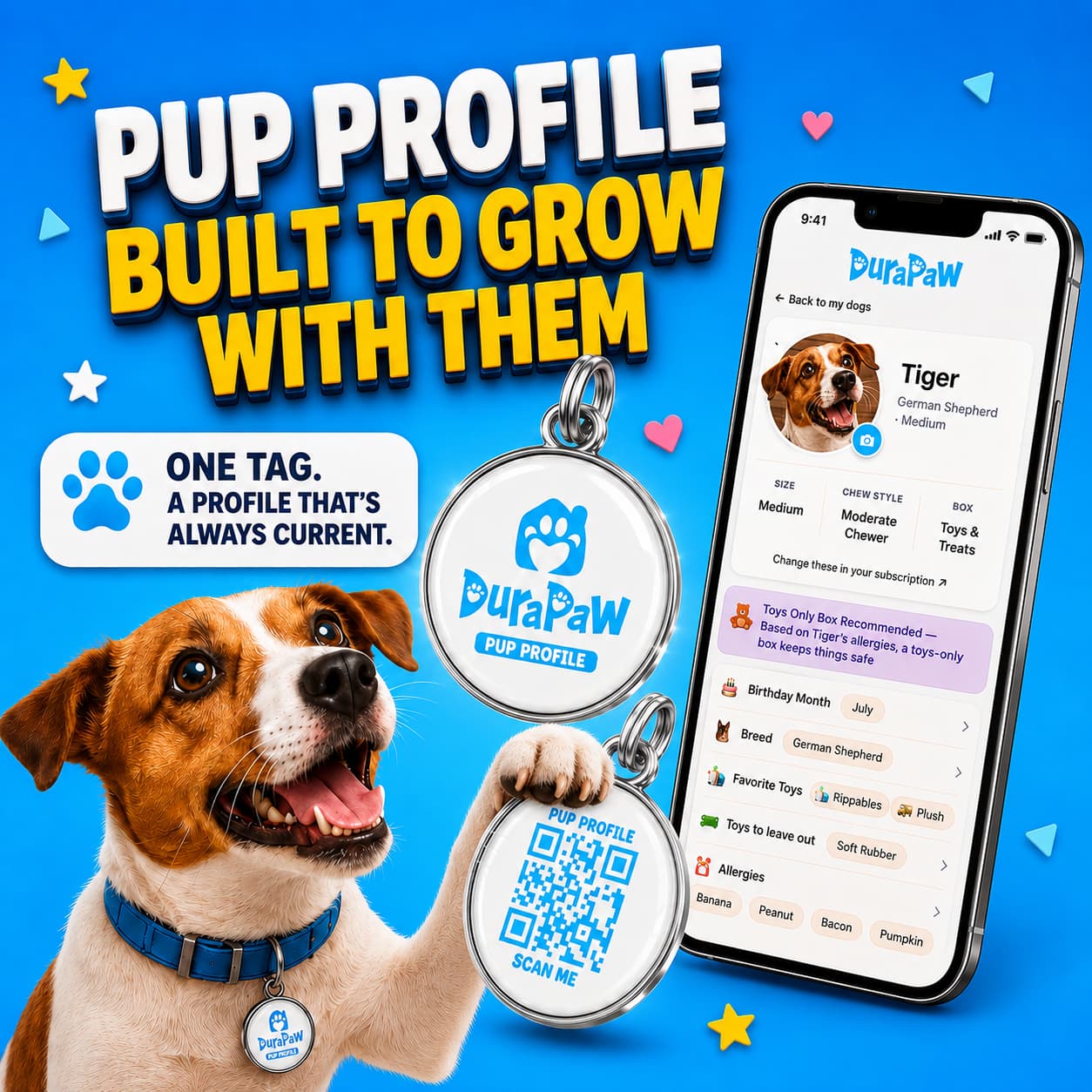 Promotional graphic for a growing dog profile service by DuraPaw, showing a real dog wearing a blue collar with a round metal tag and a phone displaying the mobile app. Large text reads 'PUP PROFILE BUILT TO GROW WITH THEM' on a bright blue background with decorative icons.