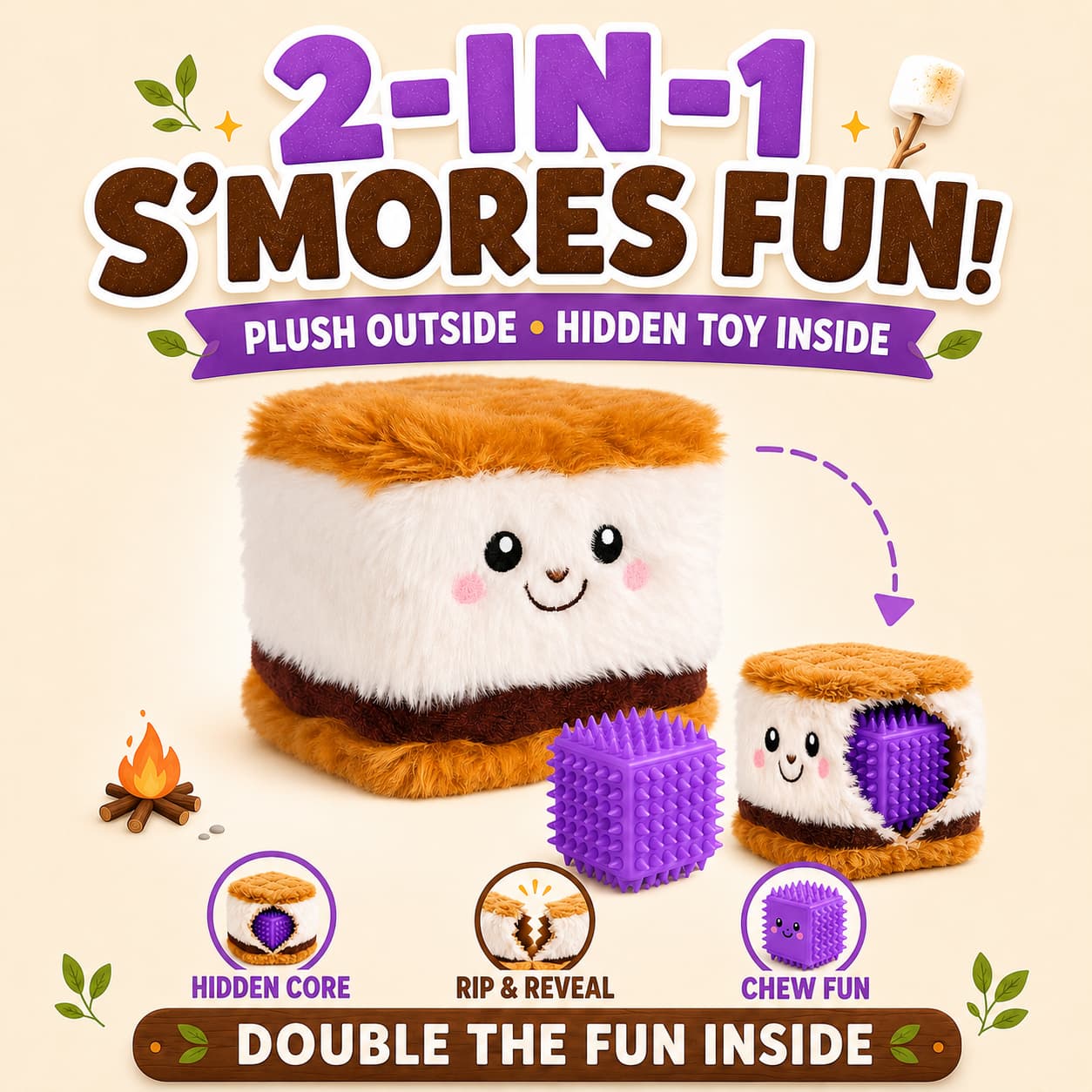 A plush s'mores-themed DuraPaw dog toy shown on a light beige background with promotional text. The main product is a soft marshmallow-shaped plush with brown fuzzy top and bottom, white fuzzy middle, and a smiling face.