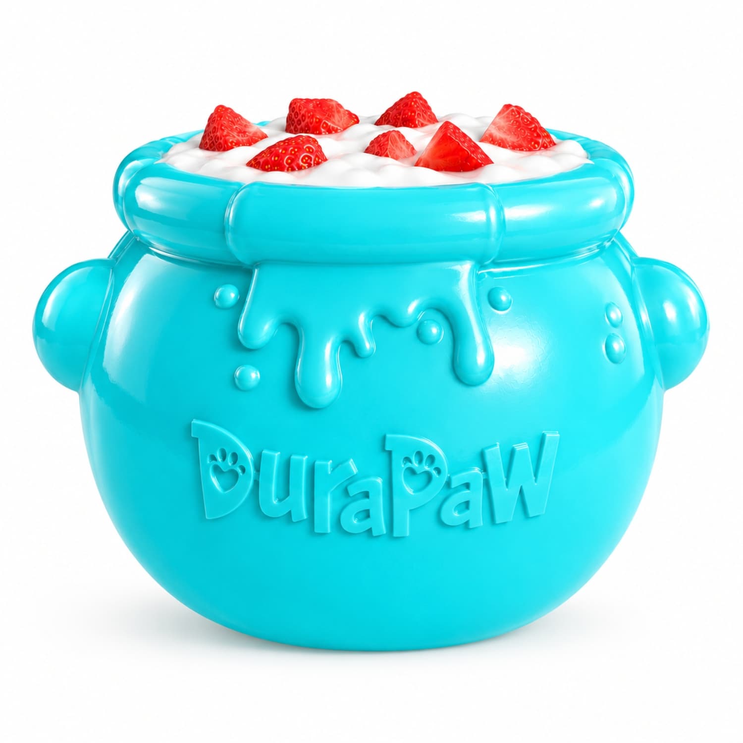 DuraPaw light blue enrichment slow feeder dog toy bowl with plain yoghurt and fresh cut red strawberries on white background