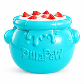 DuraPaw light blue enrichment slow feeder dog toy bowl with plain yoghurt and fresh cut red strawberries on white background