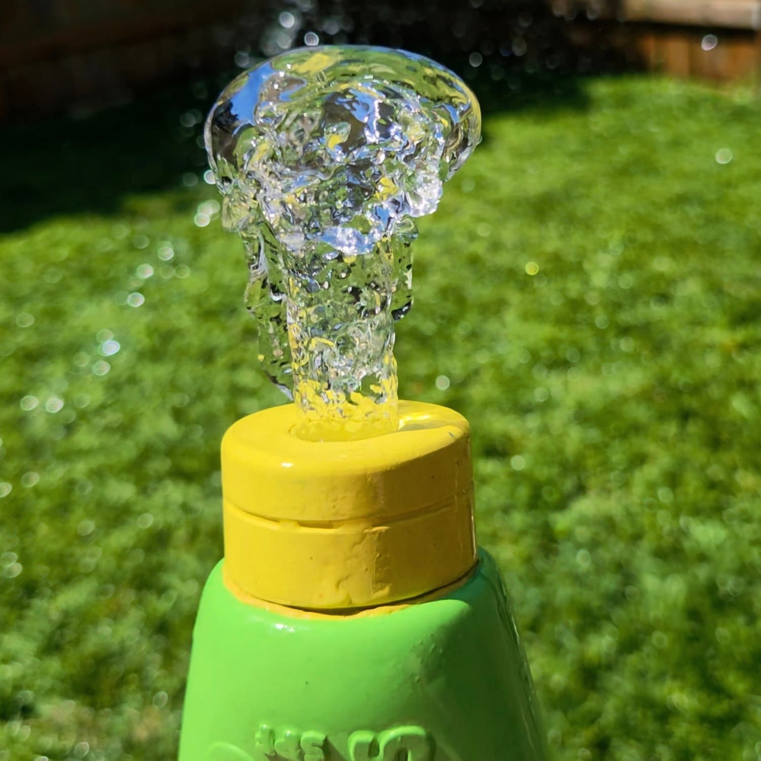 Green DuraPaw Sunny Squeeze natural rubber summer enrichment dog toy shaped like a sunscreen bottle with a yellow cap
