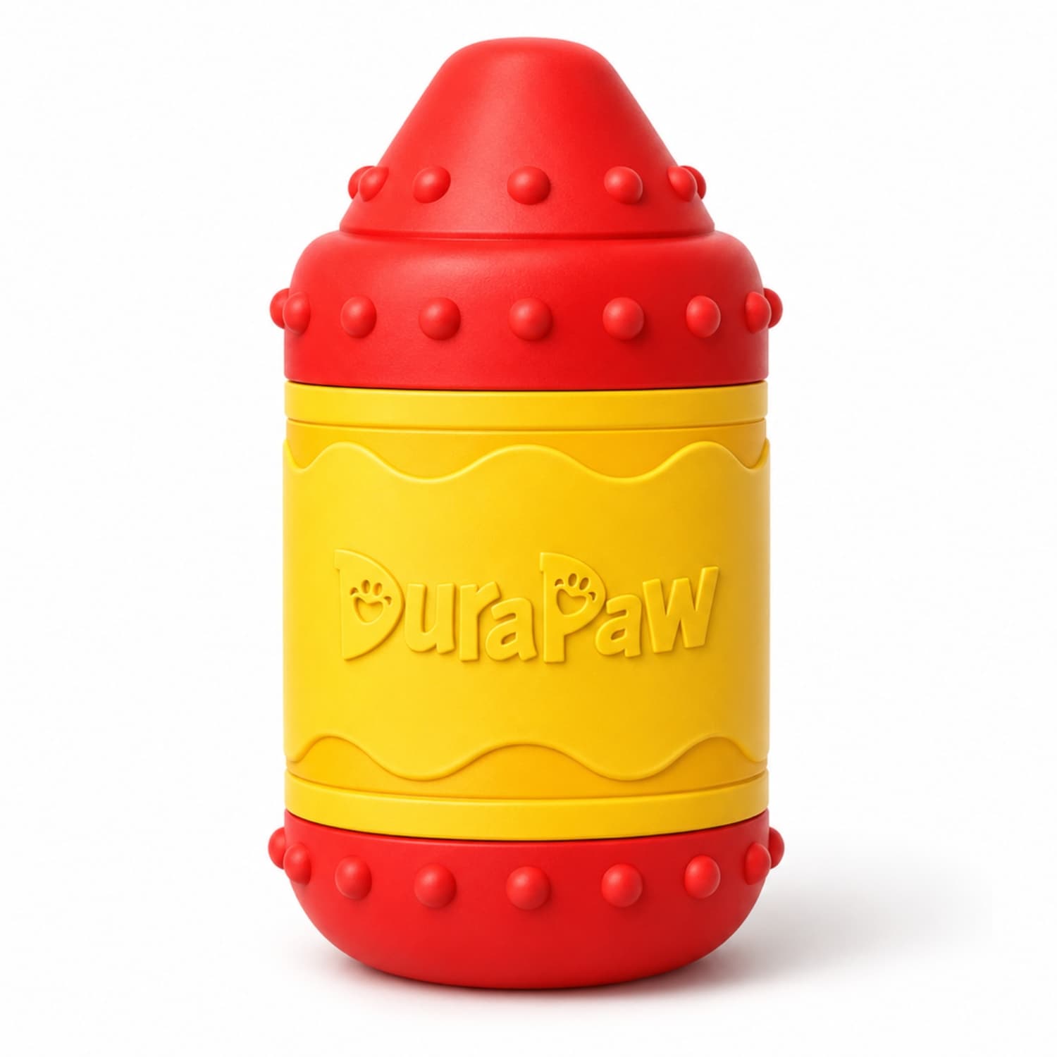 DuraPaw red and yellow Crayon shaped durable thick rubber dog toy with on a white background