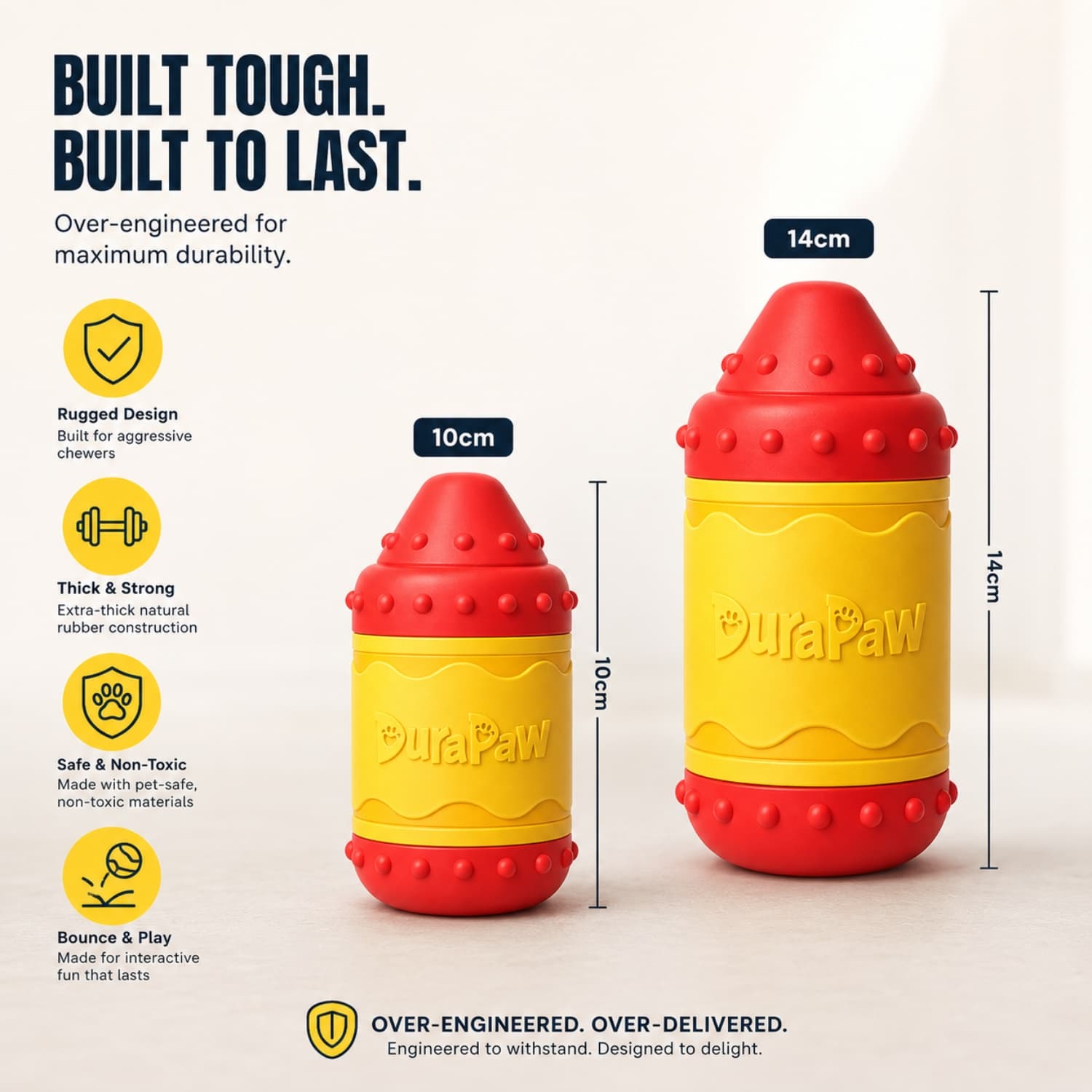 Two red and yellow durable Crayon shaped dog toys with DuraPaw branding, showing size and durability features.