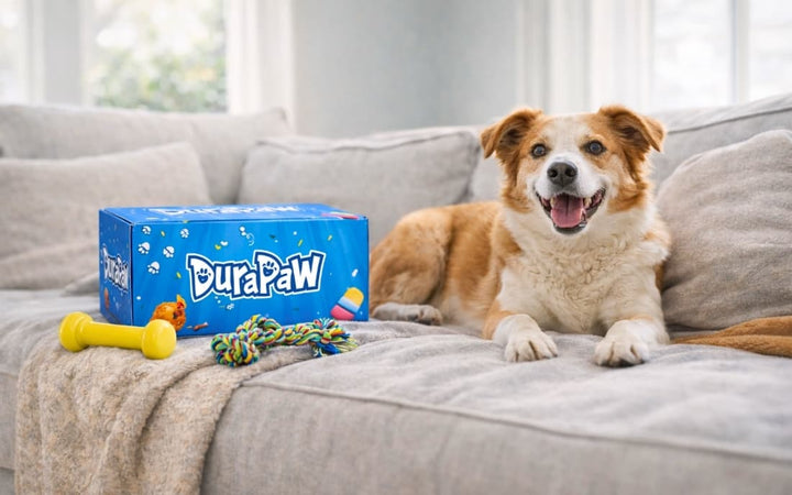 Dog sitting on a couch with a DuraPaw product box and toys