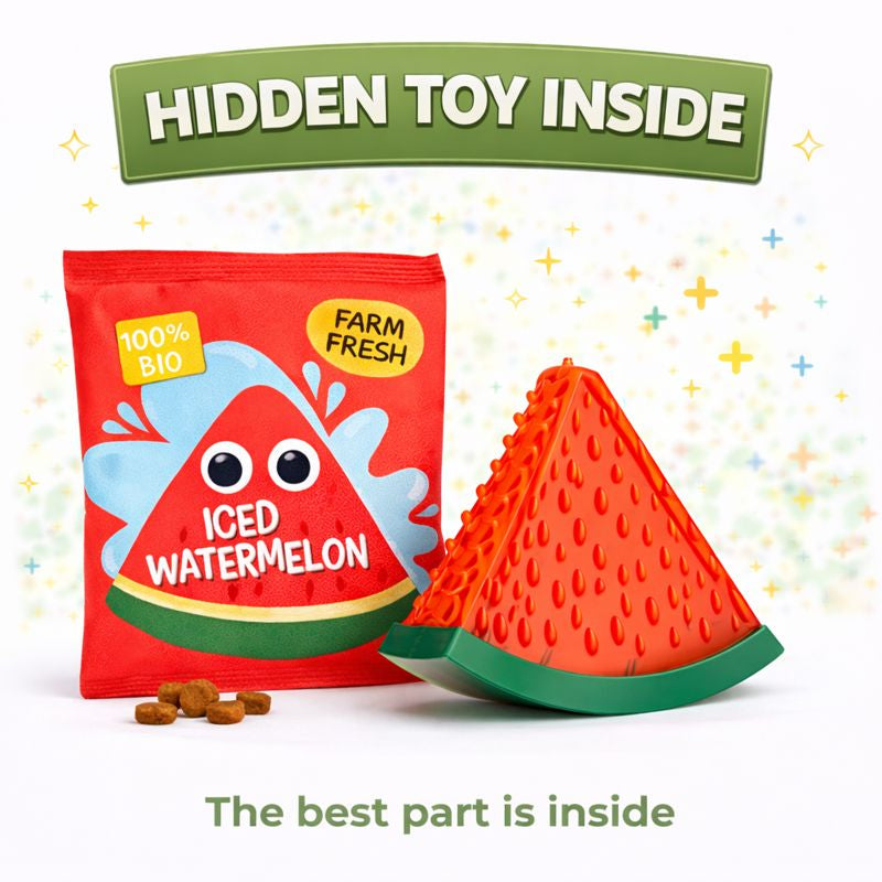 Red watermelon-shaped DuraPaw dog toy with a hidden toy inside packaging on a white background