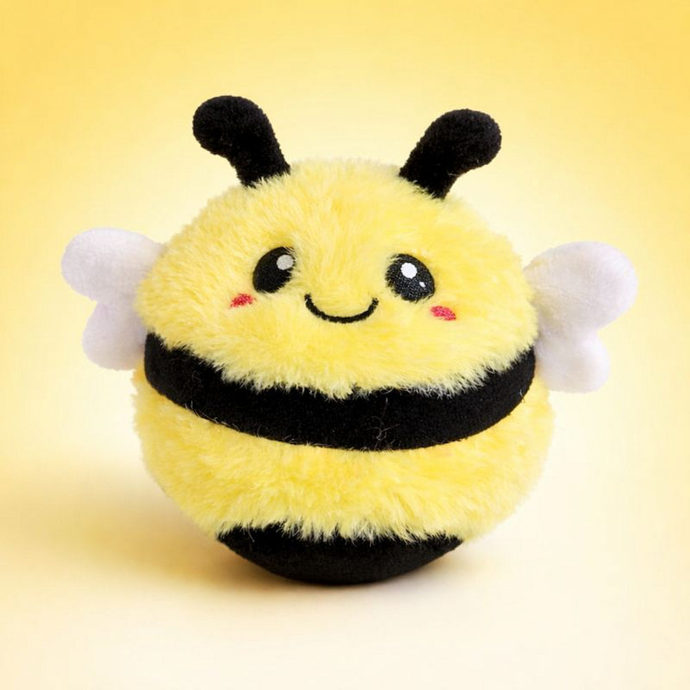 DuraPaw Rippable plush bee 2-in-1 toy with a yellow ball on a beige background