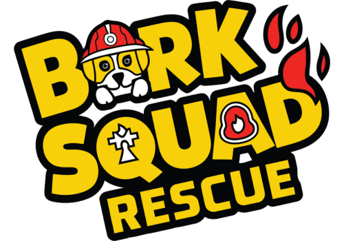 DuraPaw Bark Squad Rescue dog subscription box logo featuring a firefighter dog, flame paw print, and rescue theme design