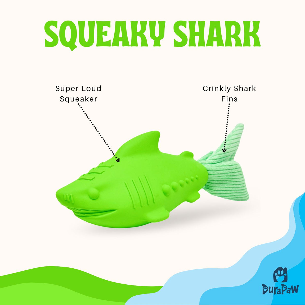 Green Super Squeaky Shark Dog Toy