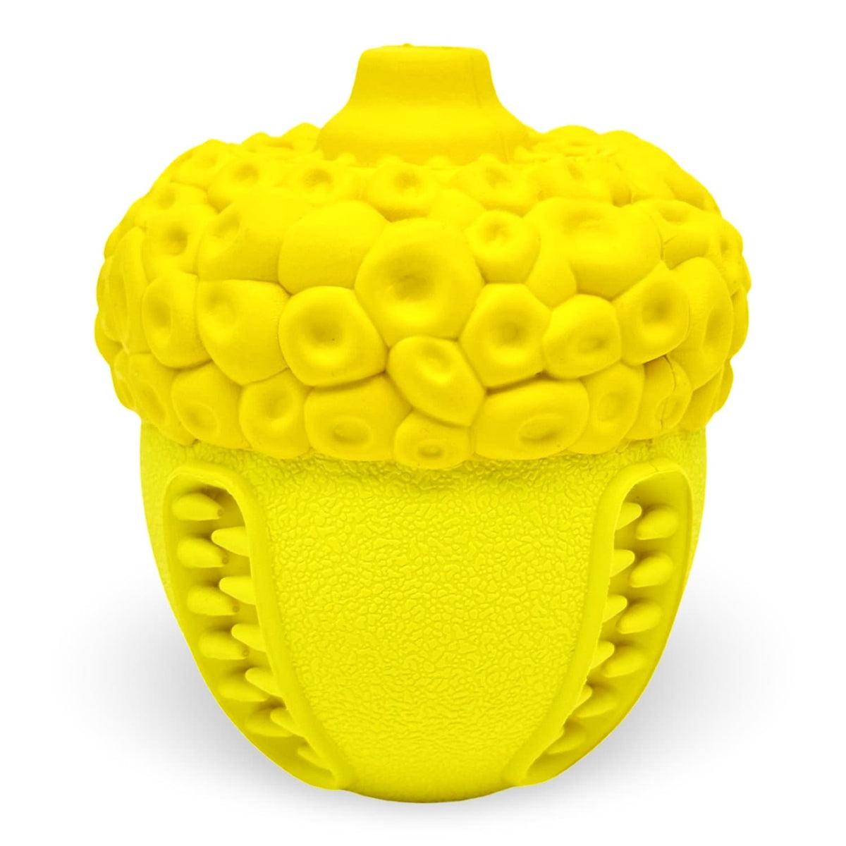 Yellow Acorn Tough Rubber Dog Toy Teeth Cleaning Bristles