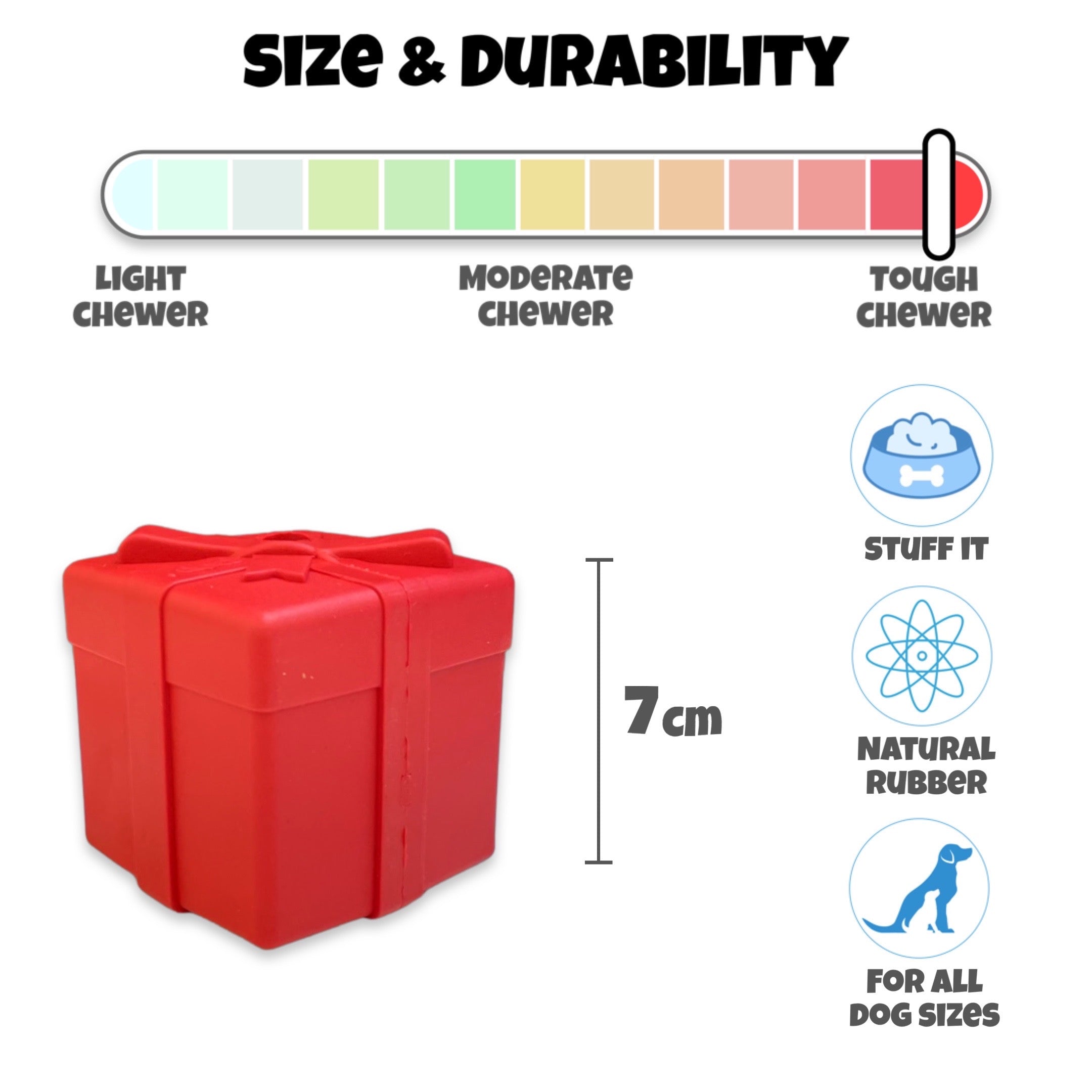 Rubber Durable Dog Toy Feeder Enrichment Treat Dispenser Size and Durability Chart