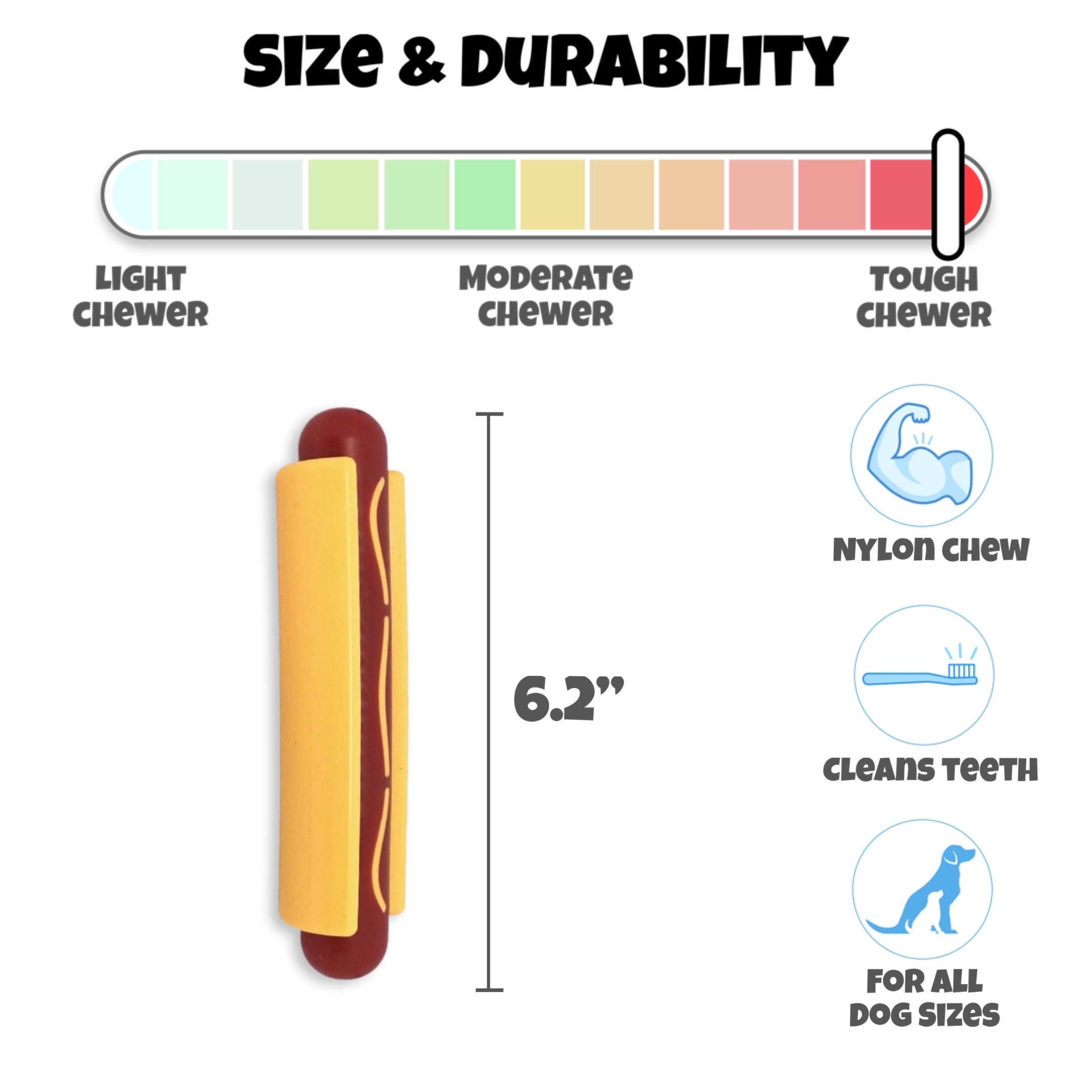 Nylon Hot Dog SodaPup Size Durability Chart